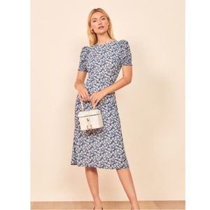 Reformation Lee Raquel Blue and White Floral Puff Sleeve Midi Dress